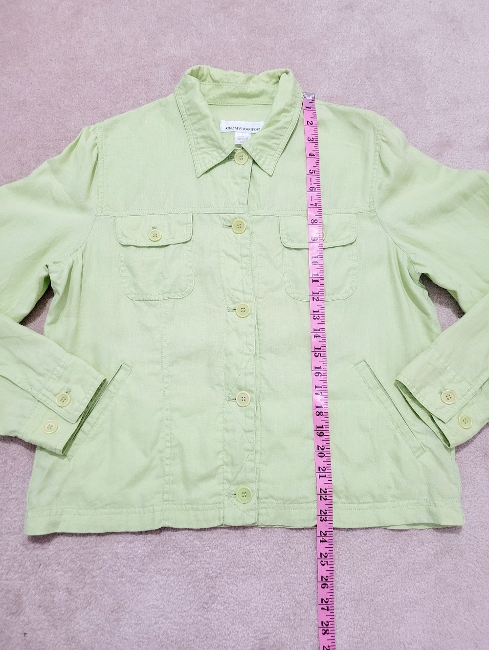 100% Linen Jacket Womens Size Large Green Button Front Utility Classic Casual - Picture 10 of 13